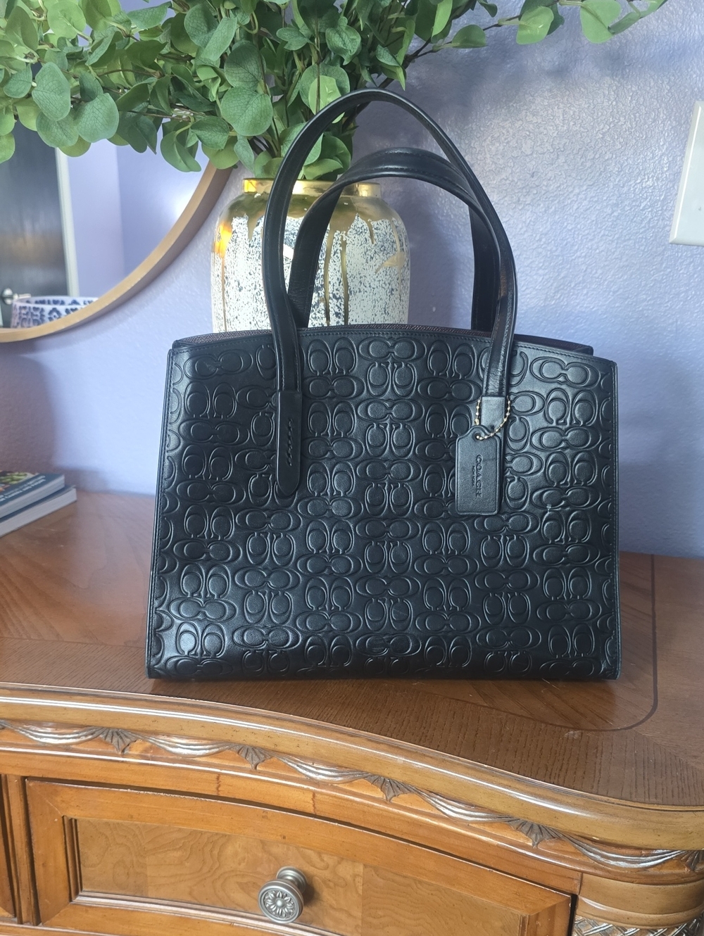 Coach Black Embossed Leather Tote with Signature Logo